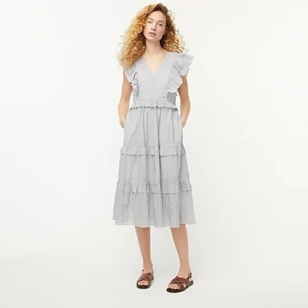 J. Crew Light Gray Tiered Ruffle V-Neck Midi Dress